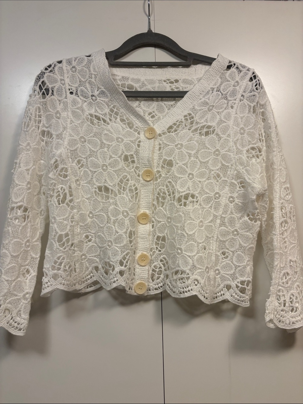 White Floral Crochet Button-Front Cardigan M